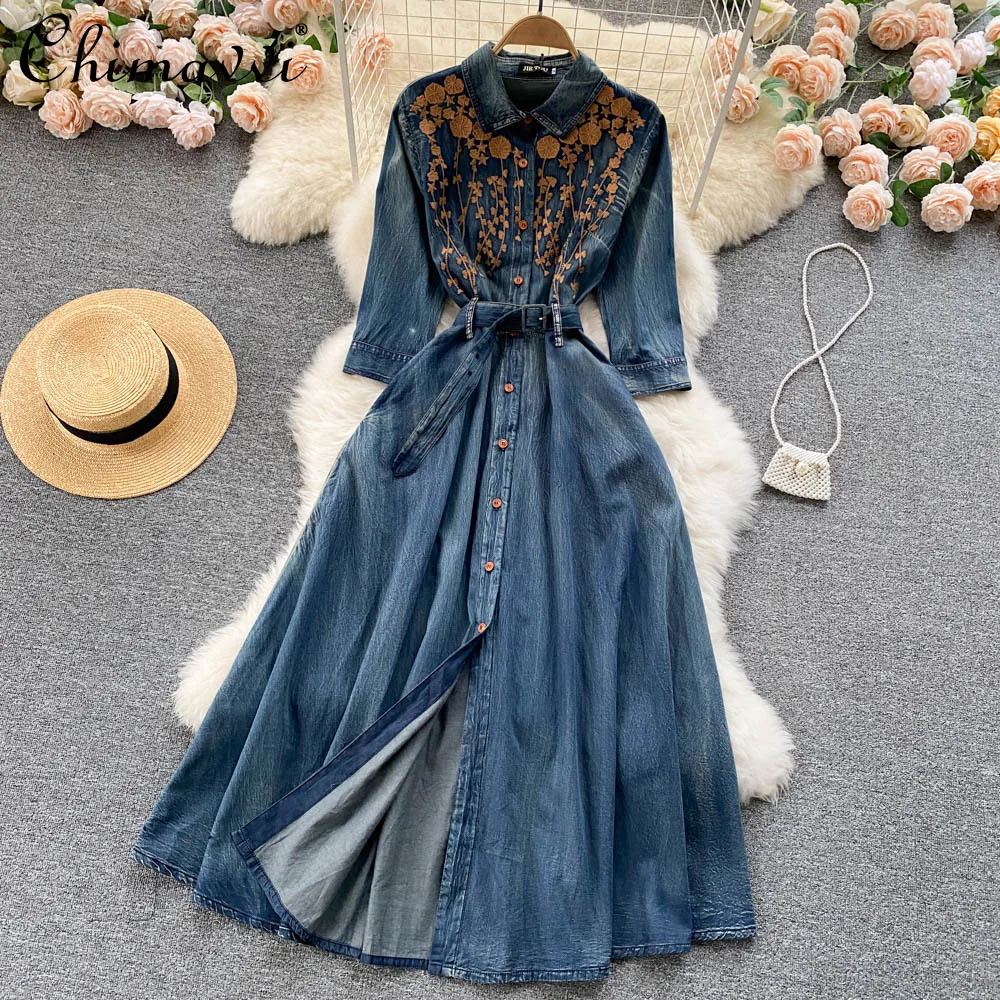 

Retro Flower Embroidery Fashion Belt Slimming Denim Dress Female 2022 Spring New Single-Breasted A-line Dress for Women