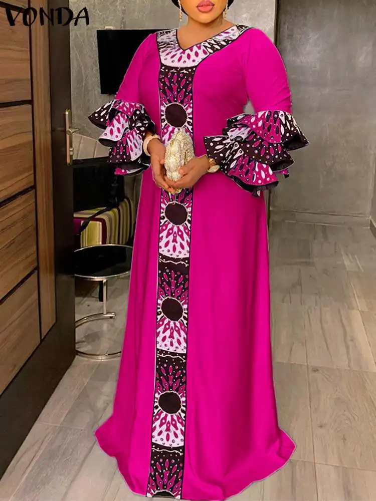 

VONDA Bohemian Party Summer Ruffled Maxi Sundress 2023 Printed Dress Vintage 3/4 Sleeve V-Neck Casual Patchwork Loose Robe Femme