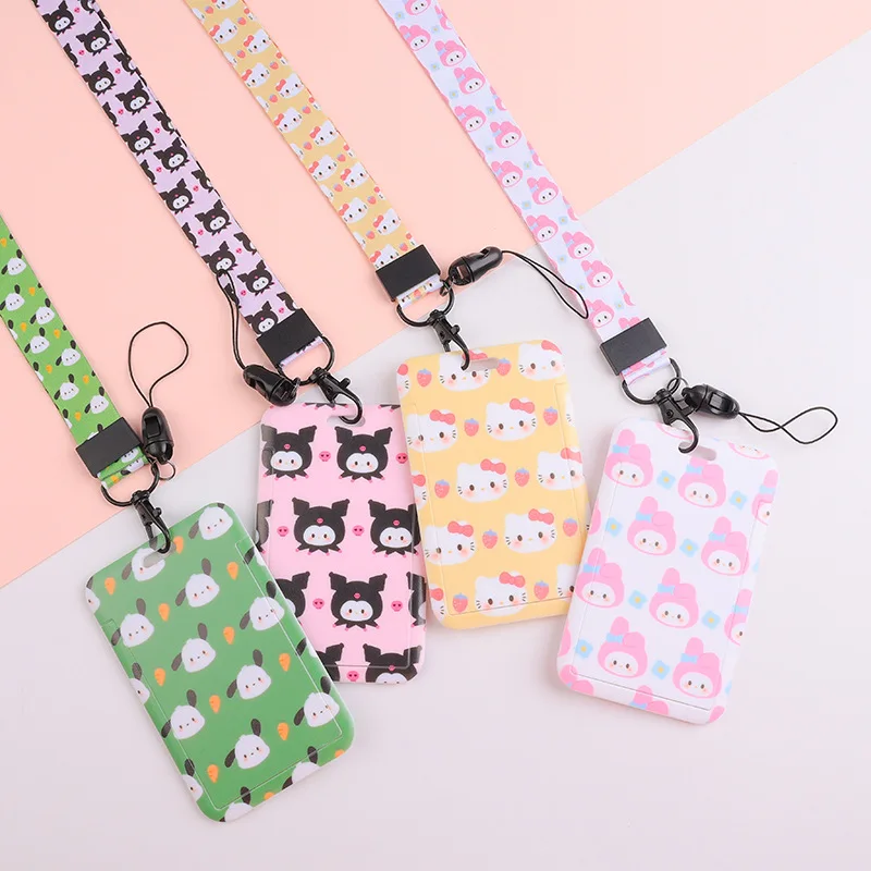 

Kawaii Sanrio Card Holder Mymelody Kuromi Cinnamoroll Cute Anime Keychain Bus Card Protective Sleeve Lanyard Girls Gift