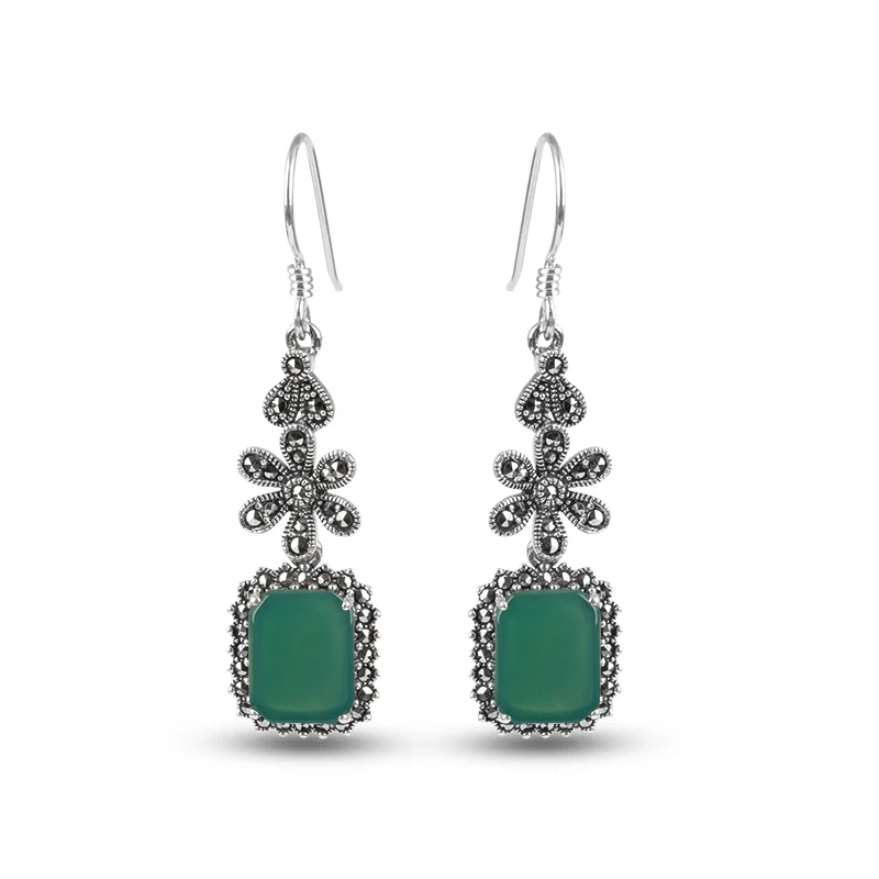 

YYSUNNY Simple S925 Sterling Silver Small Flower Women's Earrings With Geometric Pattern Inlaid with Agate Ladies Long Jewelry