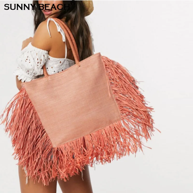 

Bohemian Tassel Raffia Large Capacity Tote Bags For Women Woven Straw Shoulder Bag Luxury Wicker Lady Hand Bags Summer Beach Bag