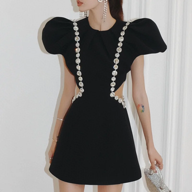 

Dresses Female Vintage Black Patchwork Dress for Women Crew Neck Puff Short Sleeve Personality High Waist Hollow Out Mini Skirt