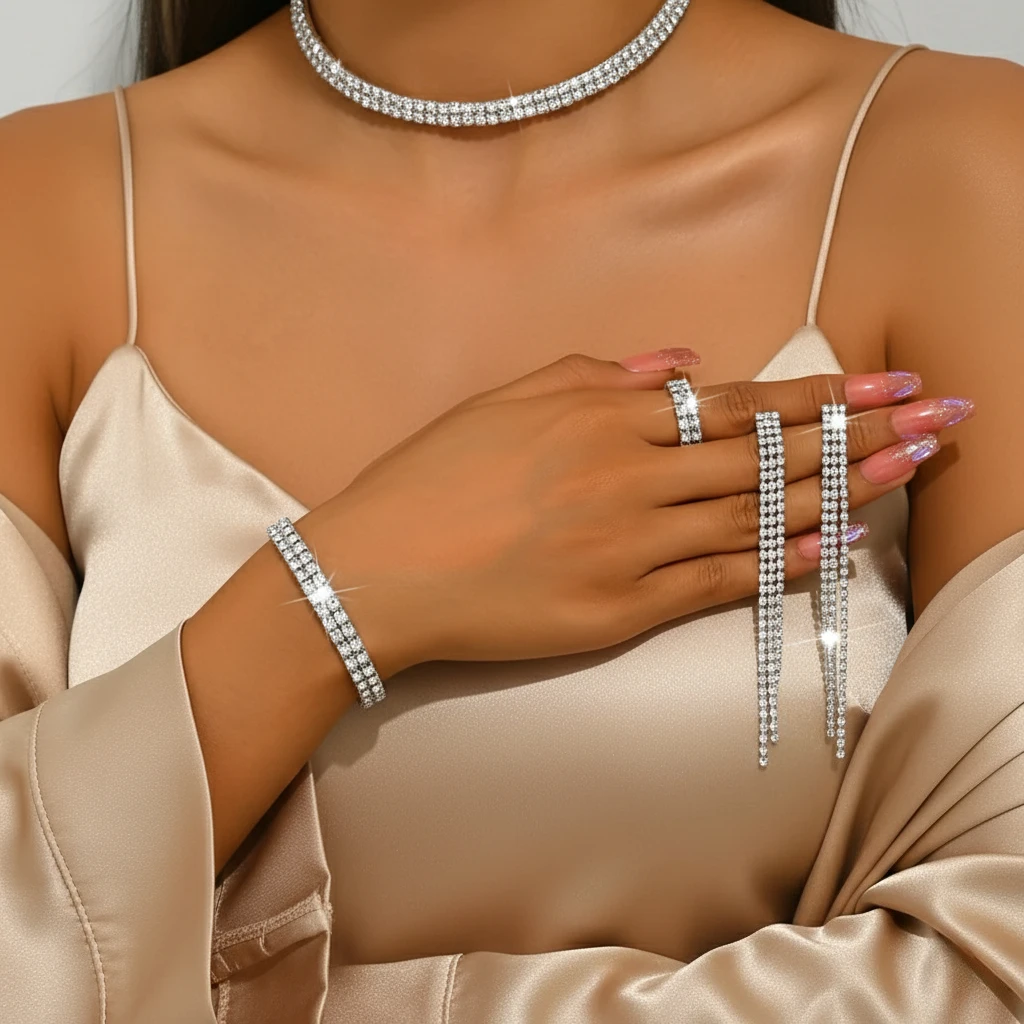 Розкішний набір ювелірних виробів зі стразами з 5 предметів для жінок, чокери, сережки, еластичний браслет і каблучка для весіль, банкетів і вечірок