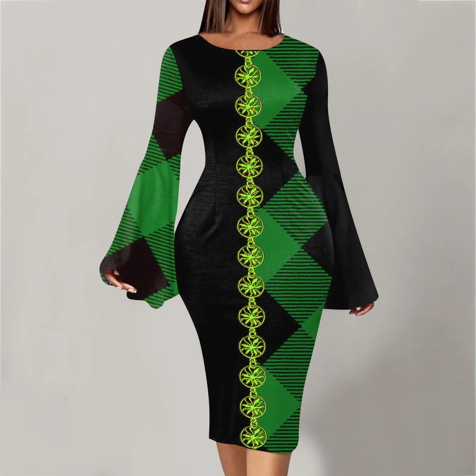 

Женские прямые брюки с рождественским принтом, круглым вырезом и расклешенными рукавами, платье с разрезом