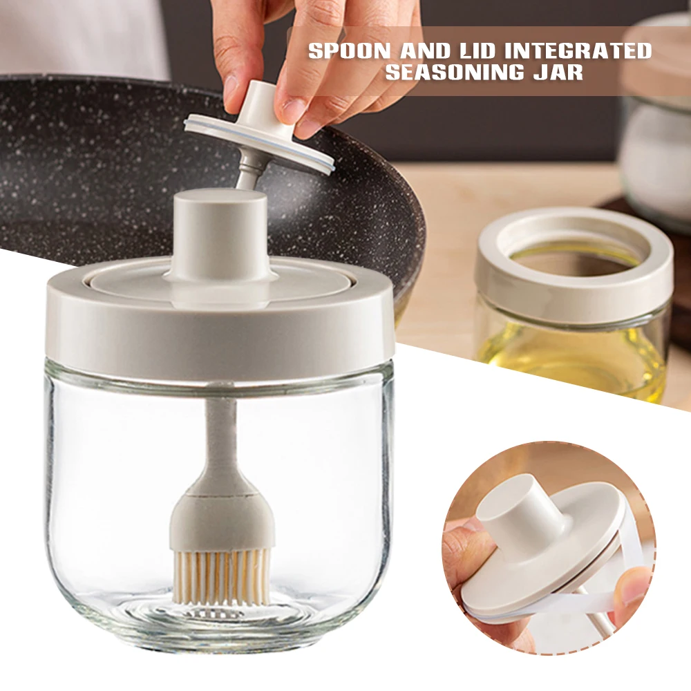 

Clear Glass Oil/Seasoning Jars Condiment Container with Built-in Brush/Spoon Sealed Silicone Ring Spices Dispensing Bottle xqmg