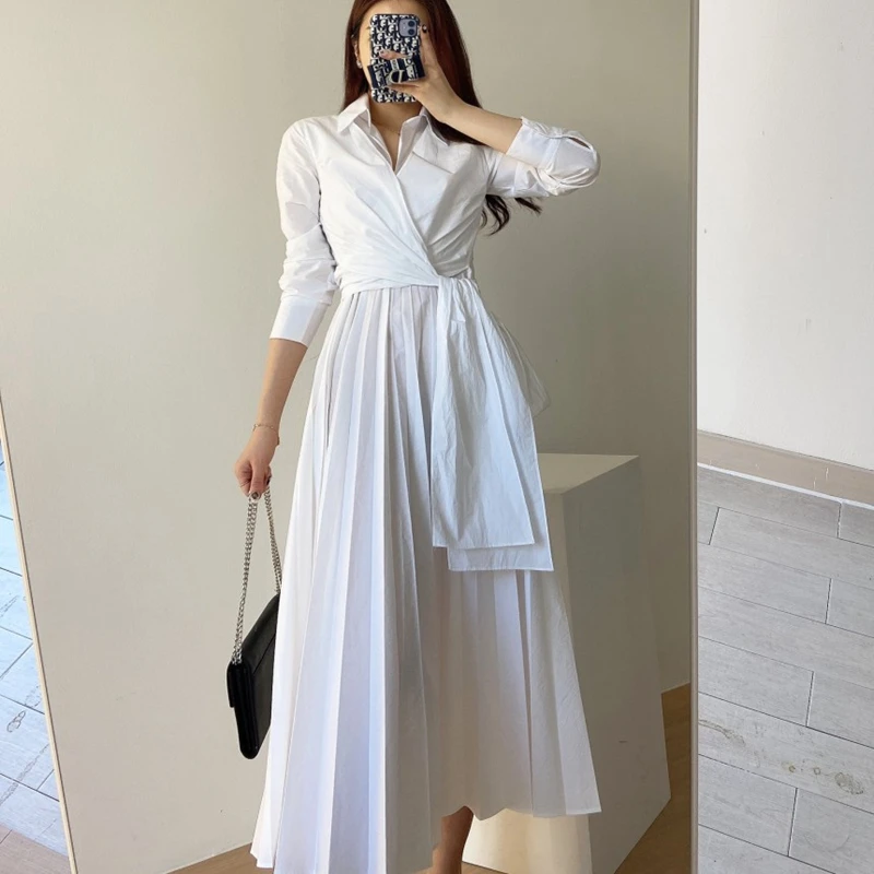 

Женское платье-рубашка со шнуровкой, элегантное Плиссированное офисное платье миди с отложным воротником в Корейском стиле, лето 2022