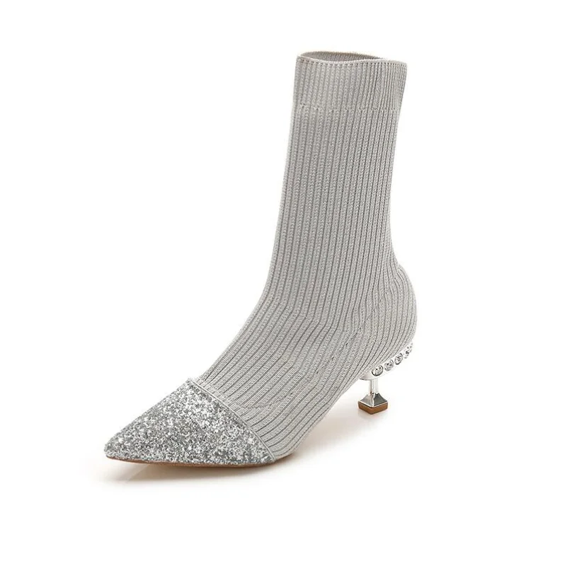 Womens Sequins Rhinestones Crystal Diamond Stitching Knitting Yarn Ankle Boots Socks Shoes Pointed Toe Stilettos Heel Botas