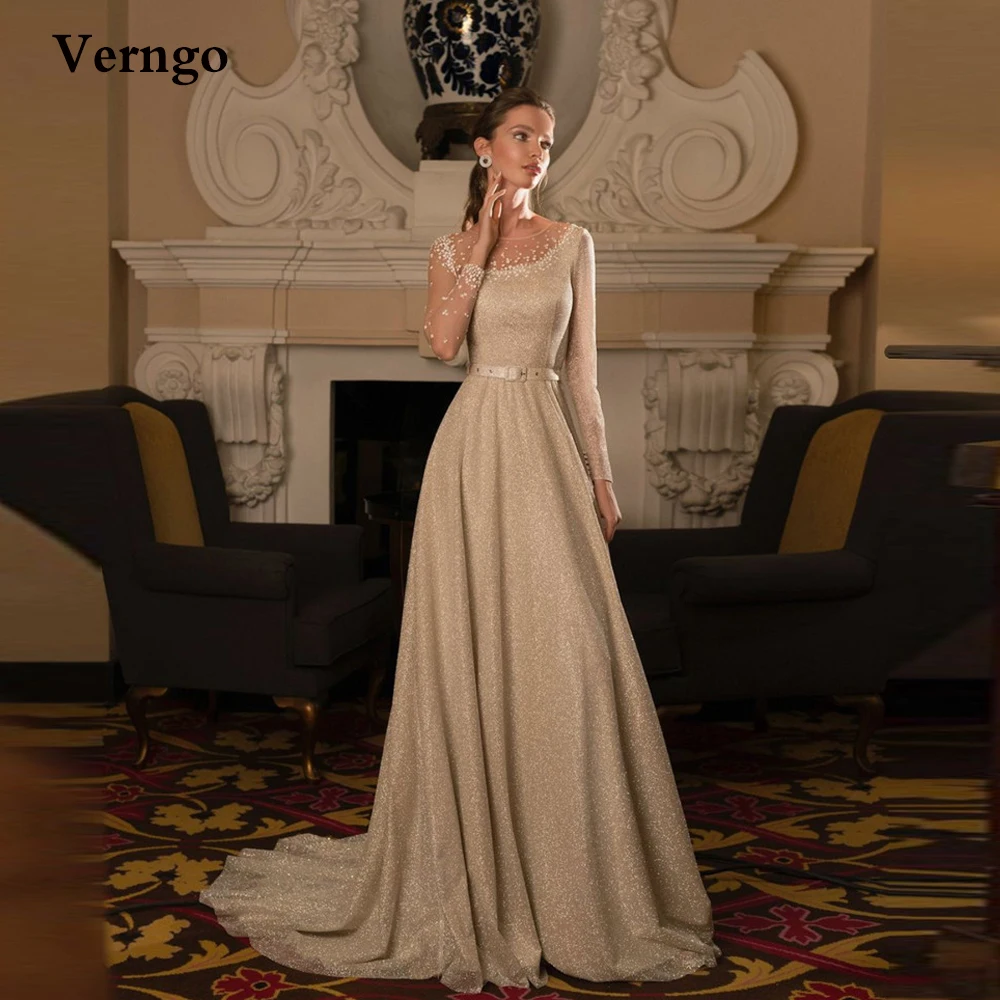 Verngo Modest Glitter A Line Wedding Dresses Long Sleeves Sheer Jewel Neck Beads Buttons Back Sweep Train Women Bridal Gowns