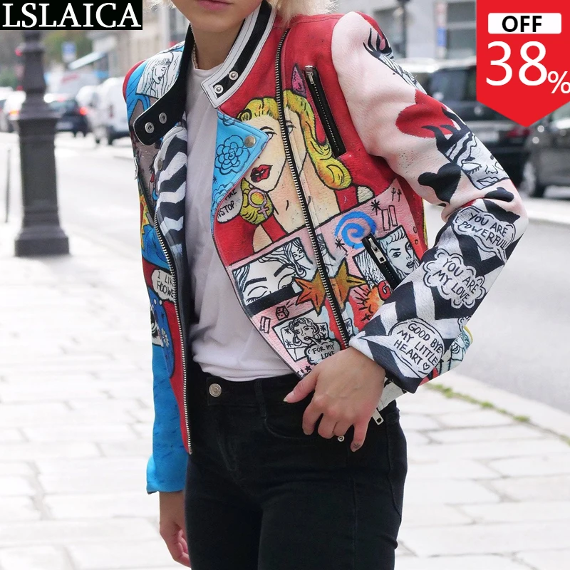 

Jacket&Coats Womens Long Sleeve Front Zipper Design Trendy Spring Ladies Tops Casual Streetwear Cartoon Print Motorcycle Clothes