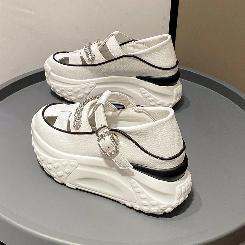 Women 7CM Leather Platform Sandals Wedge Hollow Female White Mules Shoes Casual Chunky Sneakers Woman Summer Rhinestone Slippers