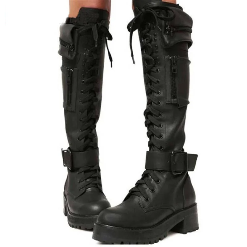

Fashion New Black Women's Thigh High Boots Punk Gothic Women Platform Boots Wedge Sexy Motorcycle Boot Heels Women Big Size Shoe