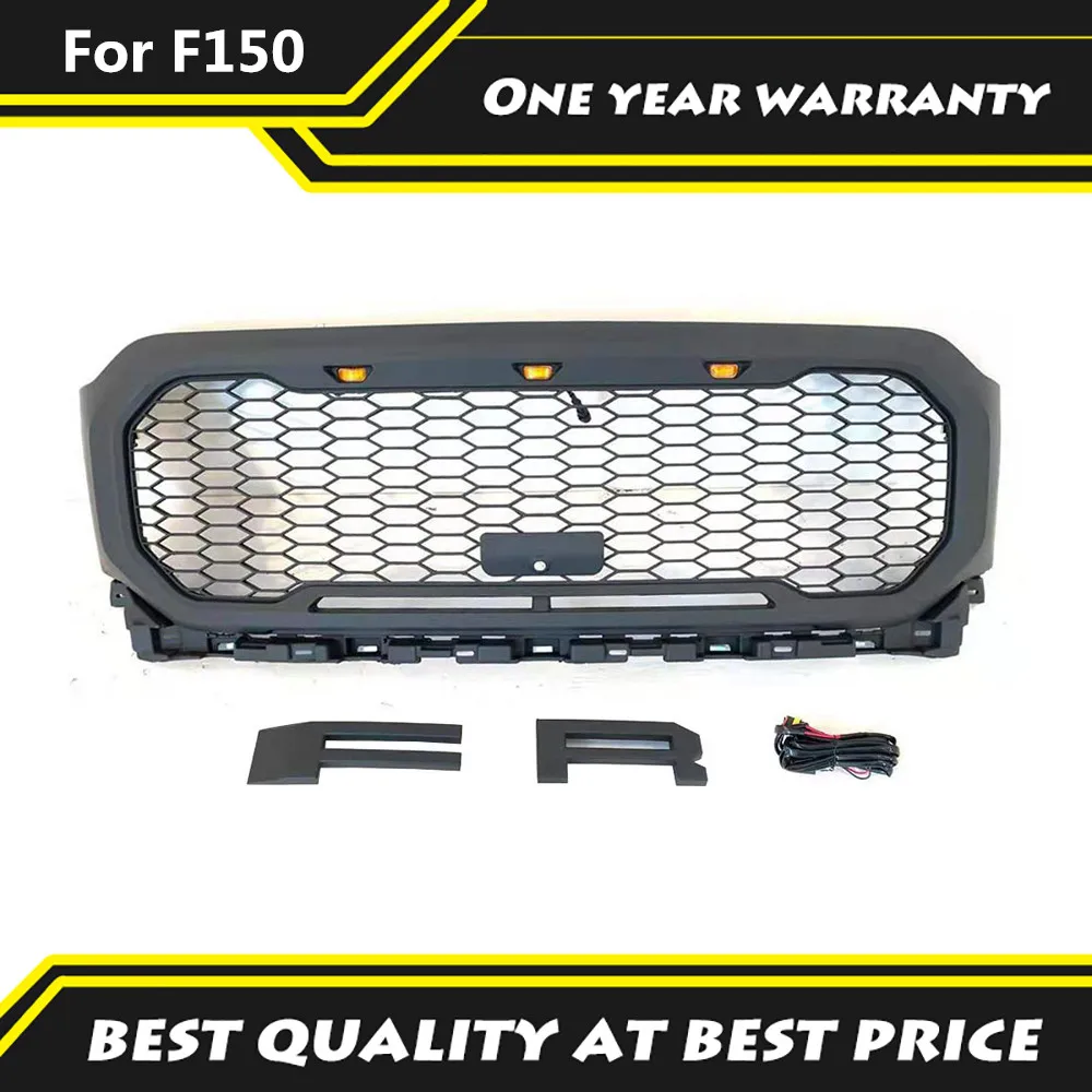 2021 F150 ABS Matte Black Raptor Style Front Grille Bumper Racing Grills Wiht  Amber LED Light Fit For Ford F150 2021+ Auto Part