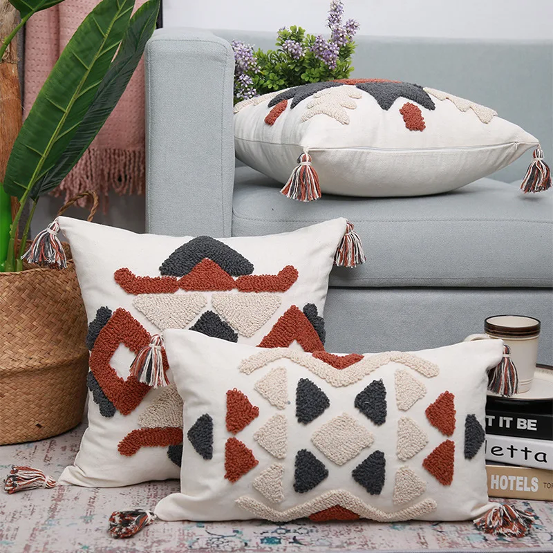 

Nordic Red Brown Grey Geometric Tufted Cushion Cover 45*45cm Tassels Decorative Pillows for Sofa Home Car Living Room Decoration
