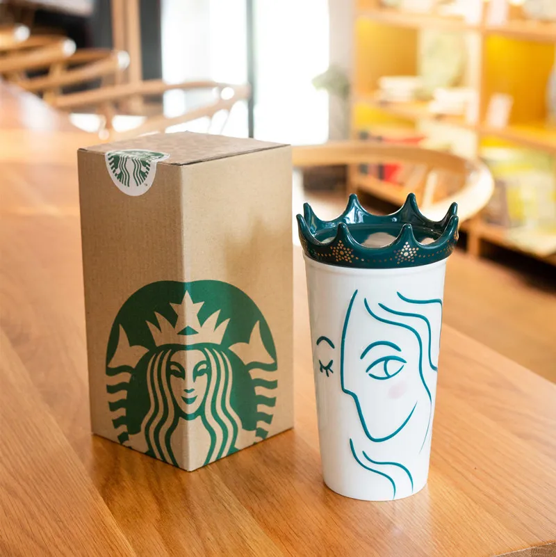 

Mermaid Goddess White Ceramics Coffee Cup Green Crown Double Layer Insulation Out Dooor Portable In-car Mug 296ml