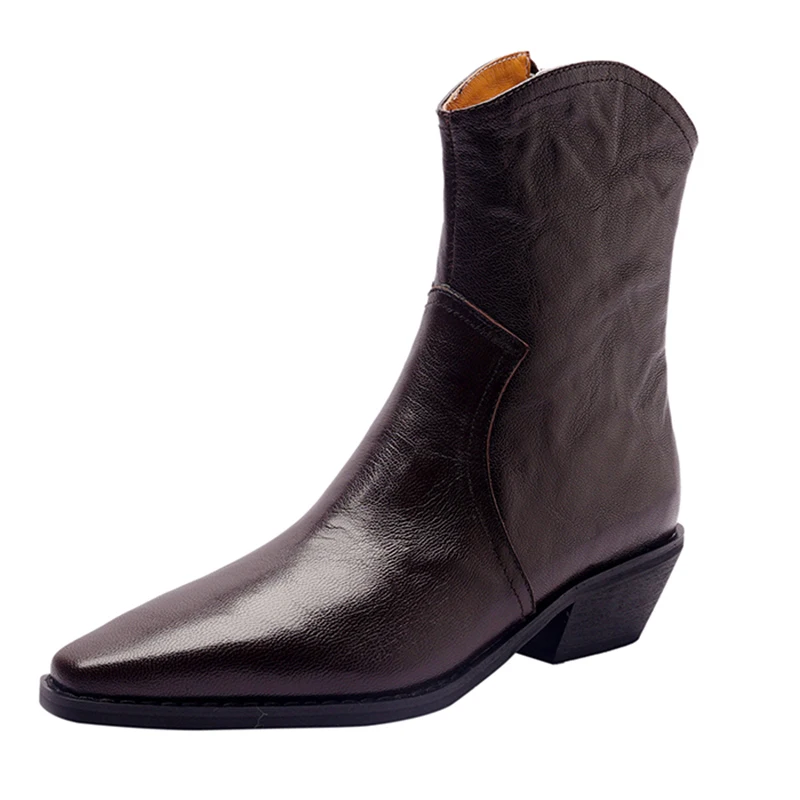 

Женские ковбойские ботильоны из натуральной овечьей кожи, демисезонные ботинки с квадратным носком, элегантные коричневые и черные ботинки на среднем каблуке с боковой молнией