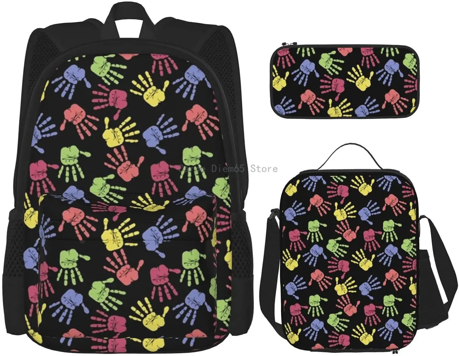 Комплект черного рюкзака с красочными ручными принтами, 3 предмета, рюкзак для подростков, мальчиков и девочек, сумка на плечо, для ланча, Наб...