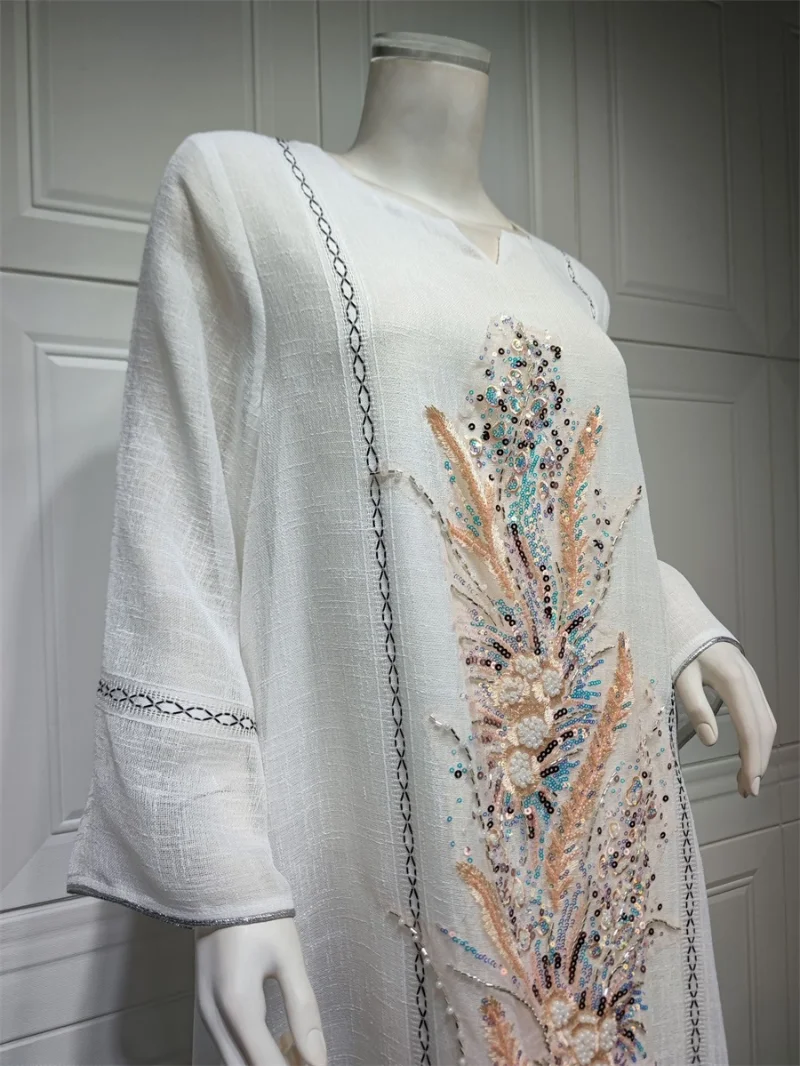 Elegant Casual Floral Embroidery Sequins Beading Long Dress Eid Mubarak Kaftan Dubai Abaya Turkey Muslim Prom Dresses