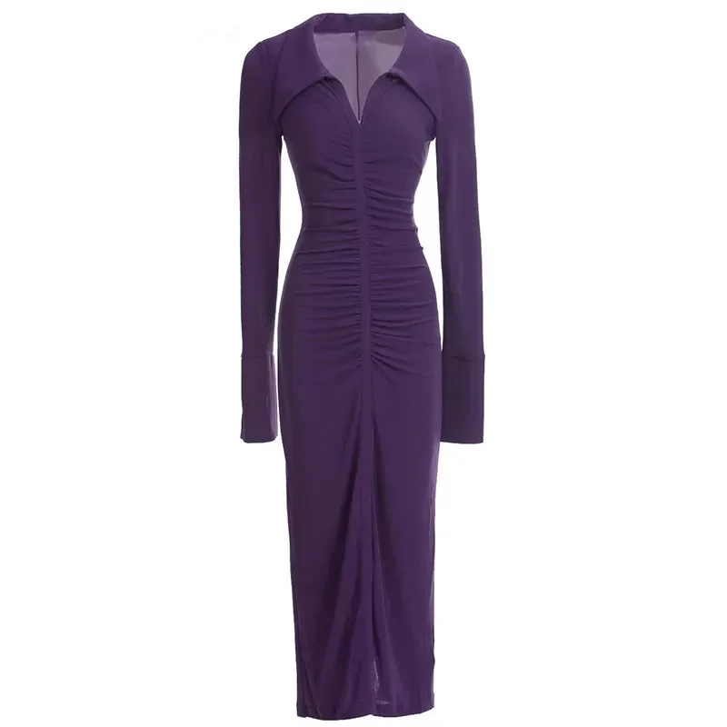Fashion Runway Designer Summer Sheath Vestidos Women's V-Neck Long Sleeve Folds Sexy Lady Club Party Purple Dresses