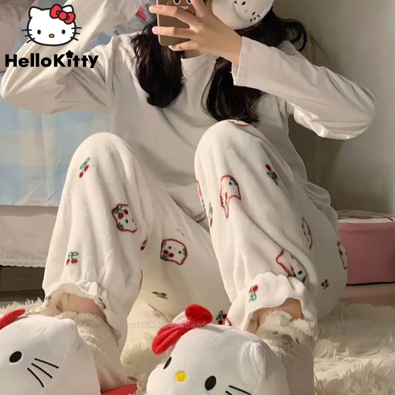 Sanrio Fashion Cartoon Hello Kitty Plush Warm Pajamas Women Autumn New Cute Soft Pants Y2k Girl Trendy Korean Style Female