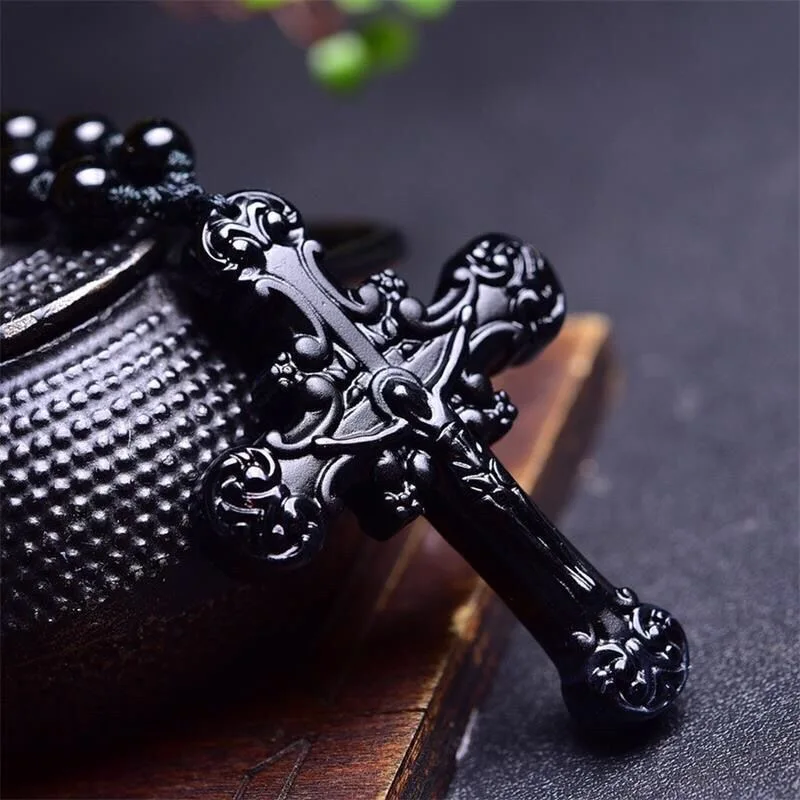 Collar de cuentas con colgante de cruz de Jesús obsidiana negra Natural, amuleto tallado a mano, joyería, regalos para hombres y mujeres