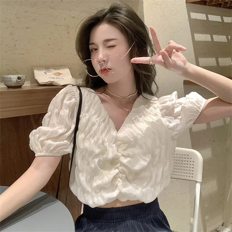 

V-Neck Sweety Folds Cute Puff Sleeve Slim Shirt Korean Spring Summer New Vintage Chic Preppy Style For Women Blouse Shirt