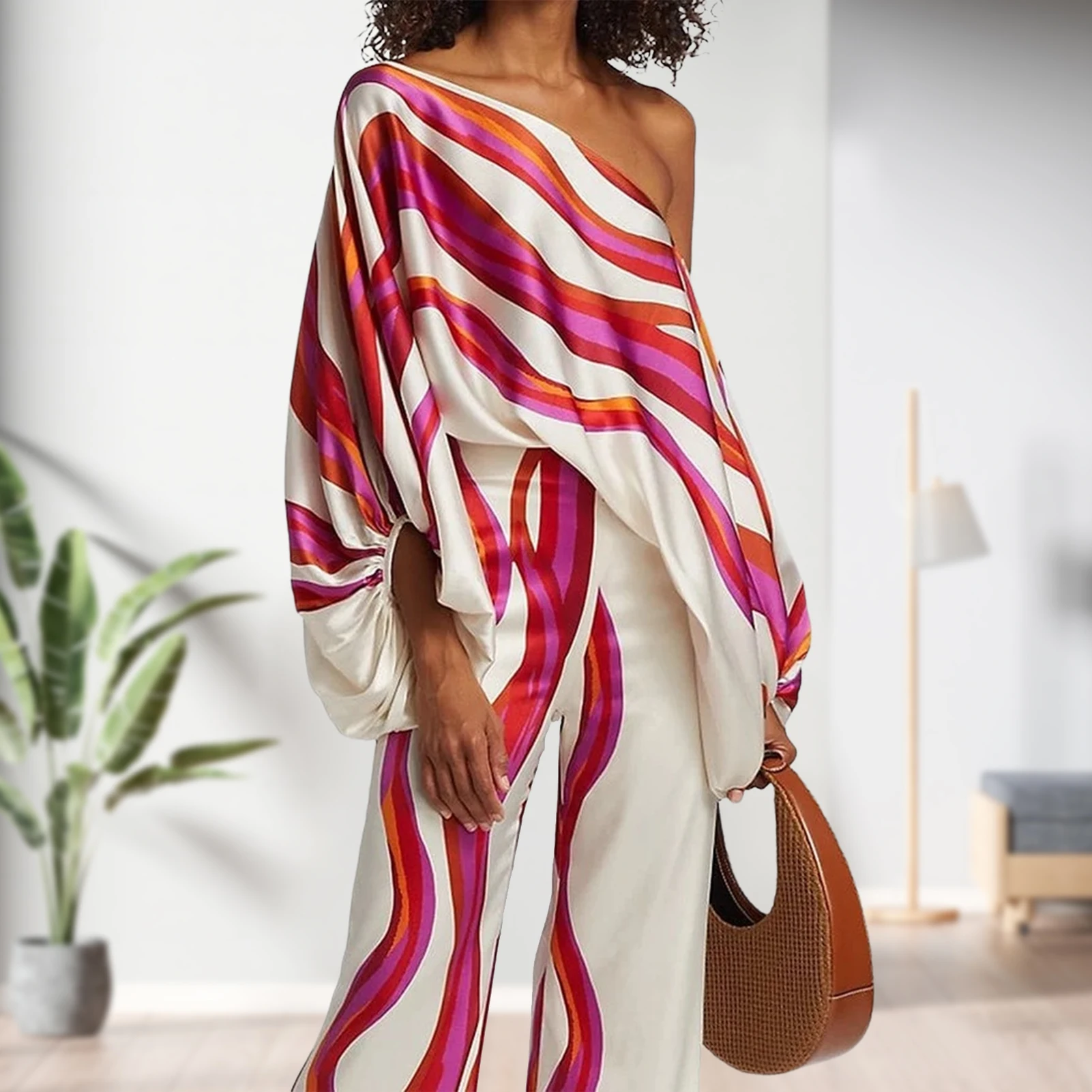 

Commuting Suit Ladies Satin Off Shoulder Fashion Tops With Long Pants Striped Print Loose Fit Elegant Luxury Cocktail Party Suit