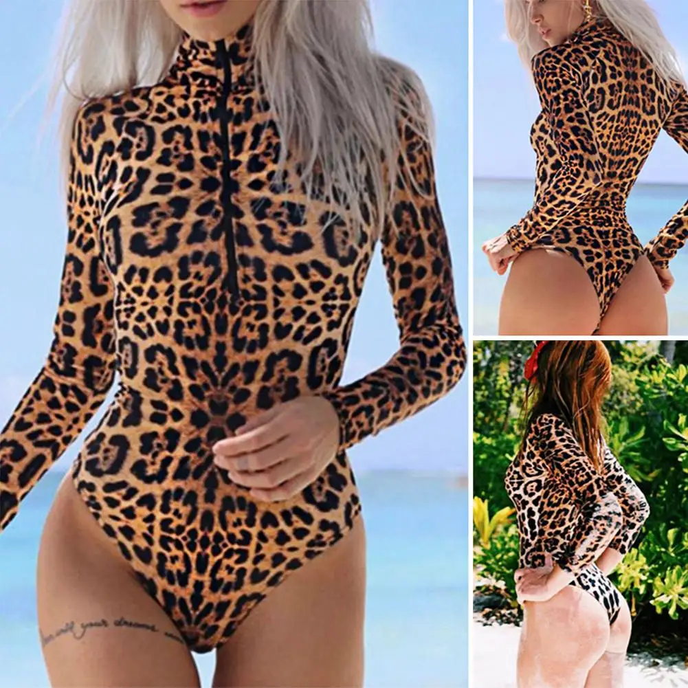 

Women Surfing Swimsuit Leopard Print Skinny One Piece Breathable Soft Swimming Long Sleeves Stand Collar Women Swimming Playsuit