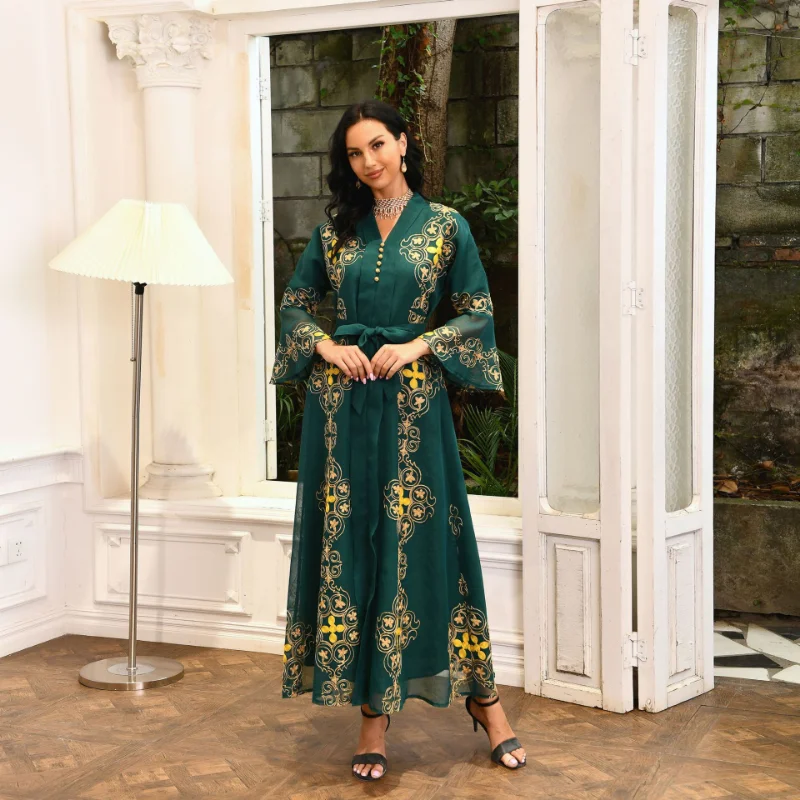 Autumn Winter Muslim Dress Cardigan Embroidery Abaya Middle East Dubai Fashion Mesh Turkish Tunic Jalabiya for Women