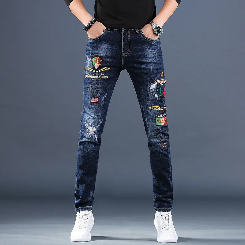 

Wholesale 2022 Fashion Teenagers Denim Men's Embroidered Jeans Men's Trousers Brand Slim Casual Feet Broken Trend Pencil Pants