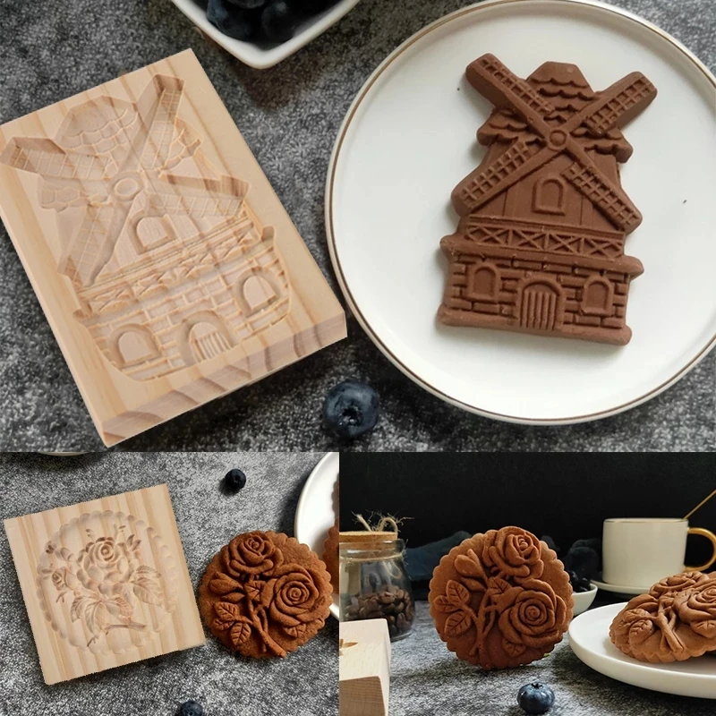 

Wooden Cookie Biscuit Mold 3D Retro Embossed Lifelike Cake Baking Fondant DIY Mould Flower Rose Cutter Decorating Kitchen Tools