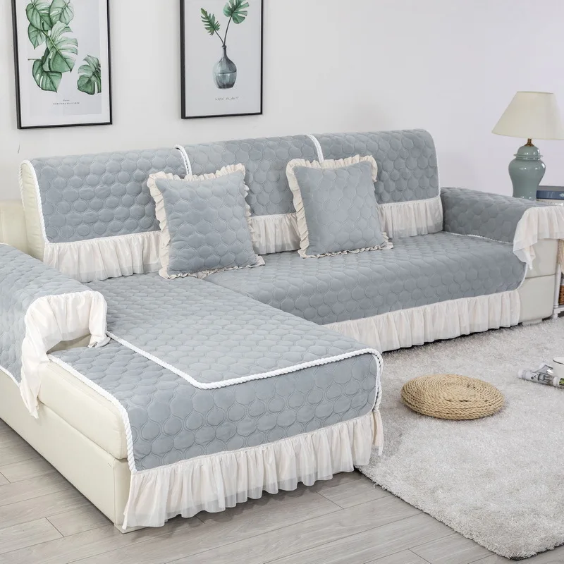 

Solid Color Sofa Cover Thick Plush Lace Skirt Couch Cushion Slipcover Furniture Protector for Living Room Non-slip Sofa Towel