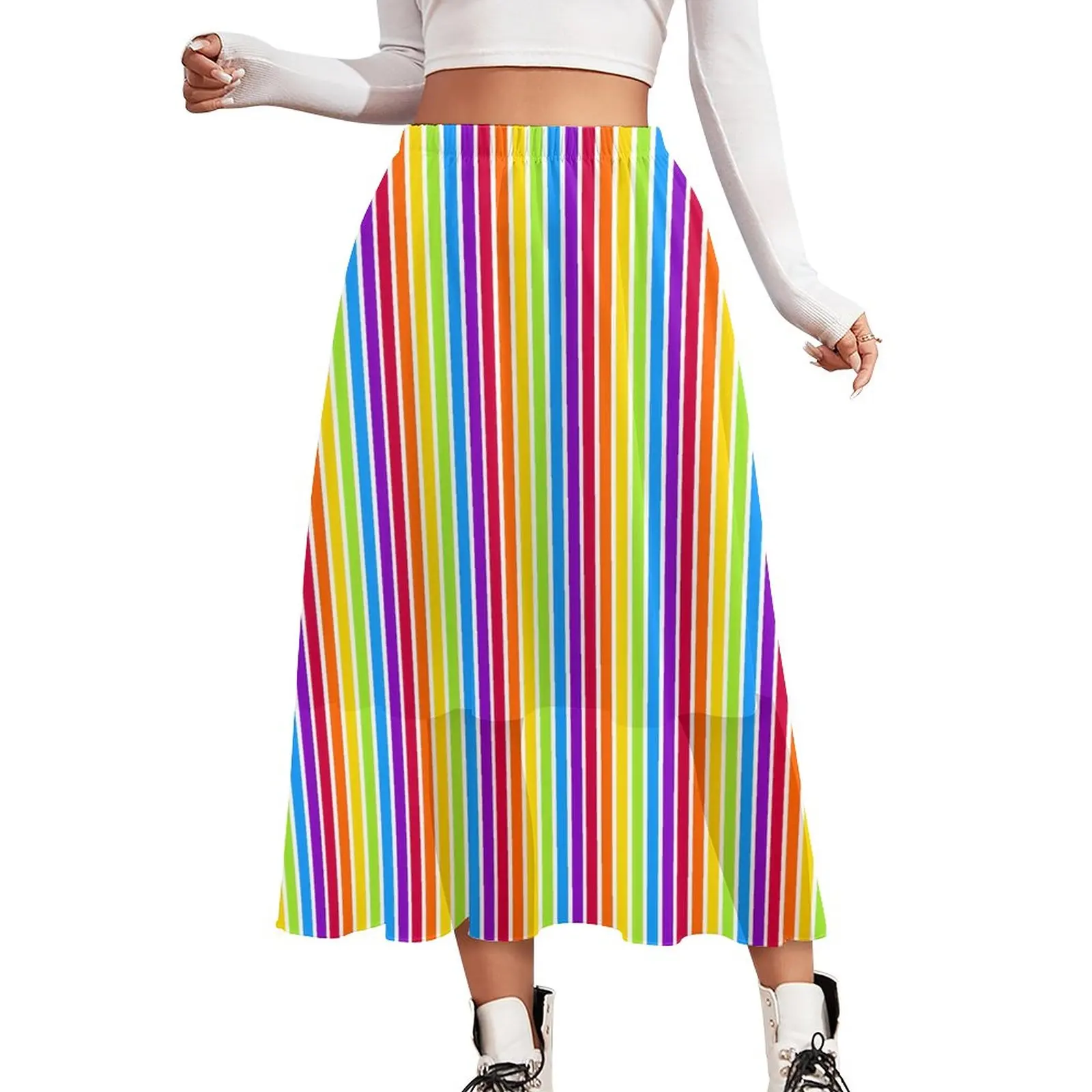 

Rainbow Stripes Skirt Bright Colorful Kawaii Long Skirts Elastic Waist Pattern Street Fashion A-line Skirt Big Size 2XL 3XL