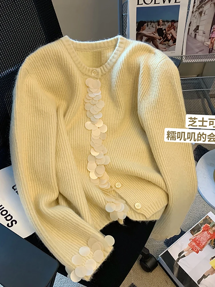 

Kawaii Cardigan Women'S Sequins Metal Decorative Knitted Sweater Sweet Girl Cardigan Aesthetic Sweater 2022 Winter New