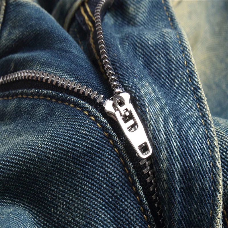 Men's Clothing Vintage Light Blue Holes Ripped Biker Jeans Motorcycle Casual Pleated Torn Stretch Denim Slim Pants Trousers Men