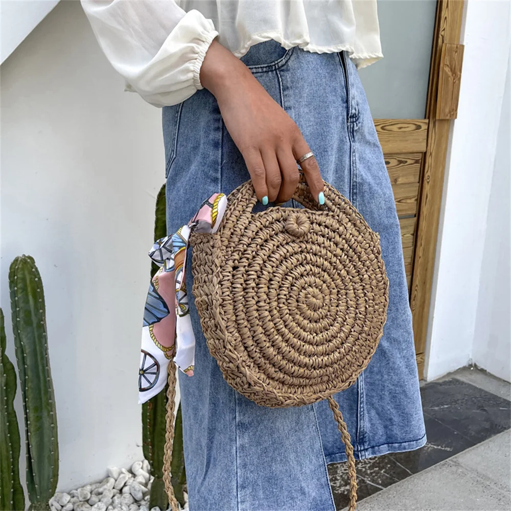 

Round Mori series woven bag new fashion Korean oblique cross bag simple silk scarves straw woven single shoulder women's bag