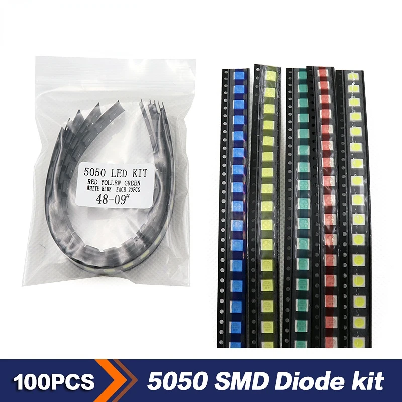 

100PCS SMD LED Light Diode Kit 5050 Red Yellow Green True White Blue Light Emitting Diodes Electronic kit