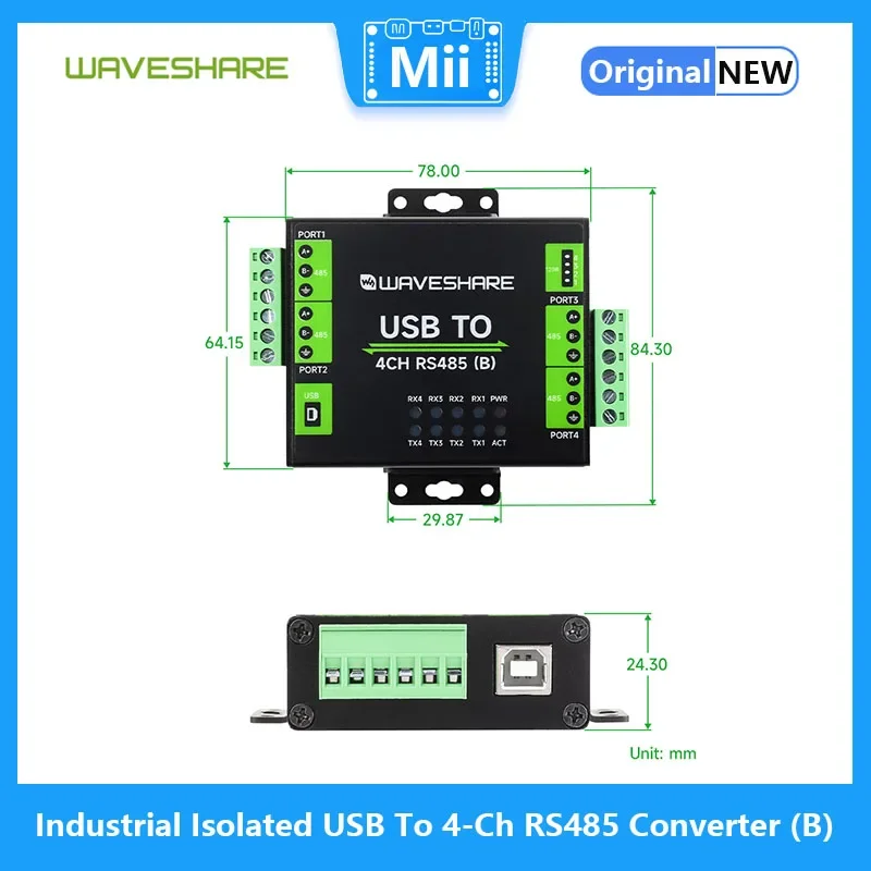 Waveshare промышленный изолированный преобразователь USB в 4-канальный RS485 (B) чип CH344L