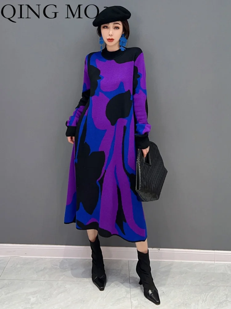 

QING MO Women Streetwear Sweater Dress 2023 Spring Autumn New Fashion Trend Full Sleeve Mid-Length Knitted Dress ZXF510