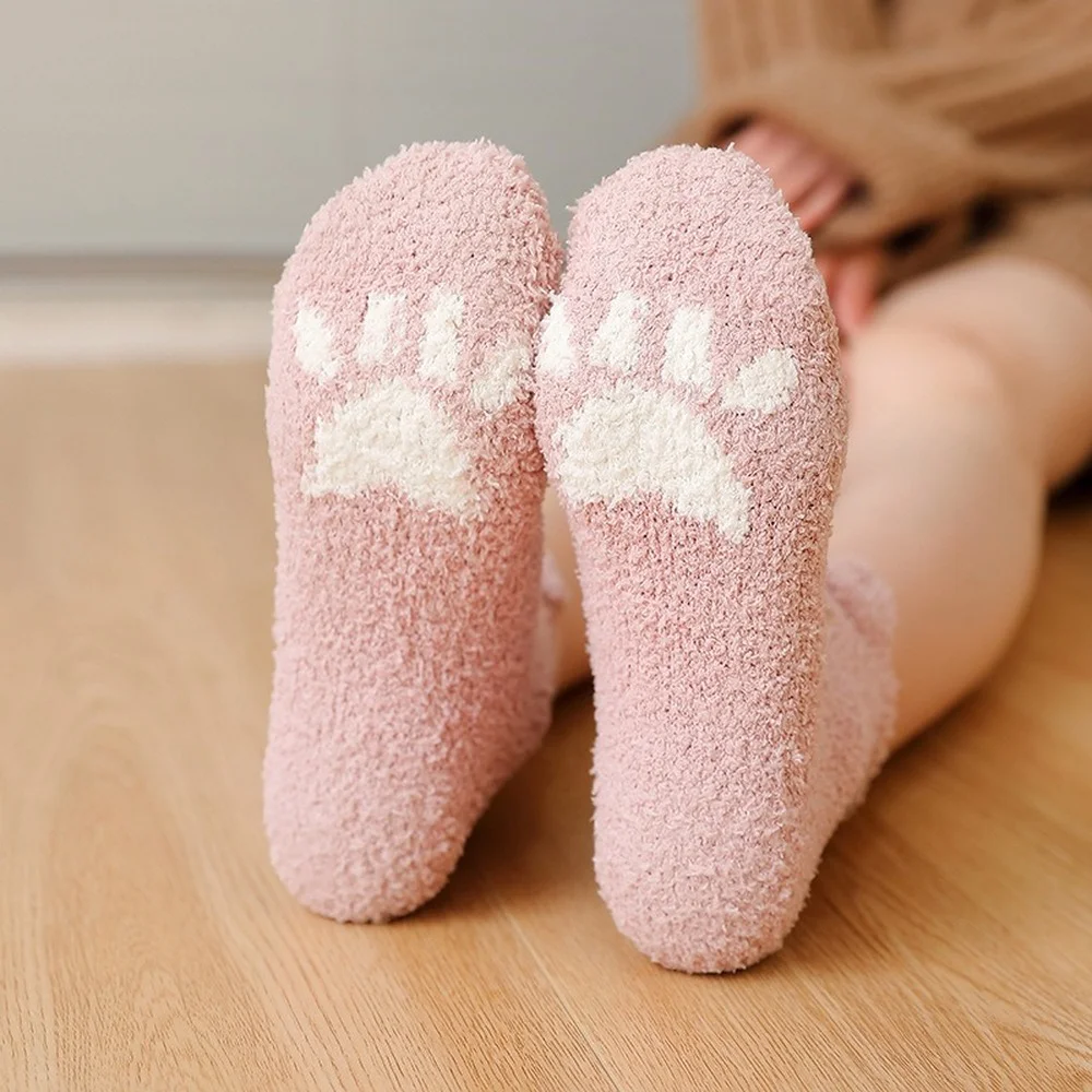 5 Pairs Comfortable Soft Coral Fleece Women Socks Love Cat Paw Print Mid-tube Warm Cartoon Thickening Sleeping Socks