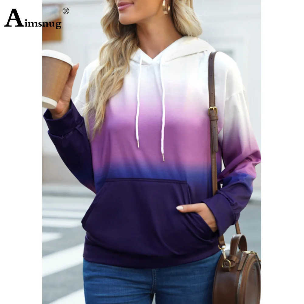 Aimsnug Stand Pocket Hoodies Women High Street Gradient Print Sweatshirts Vintage Hooded Tops Casual Sweatshirt Women Pullovers