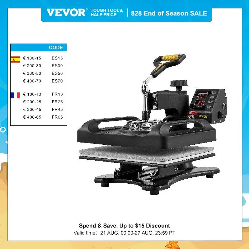 VEVOR 5-in-1 Multifunctional Heat Press Machine 30*38CM 38*38CM Digital Display Sublimation Printer for Cap Shirt Mug Plate