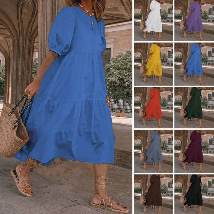 

Retro Summer Dress for Women 2023 Vestidos De Mujer Fashion Casual Bohemian Beach Vacation Short Sleeve Solid Women's Dresses