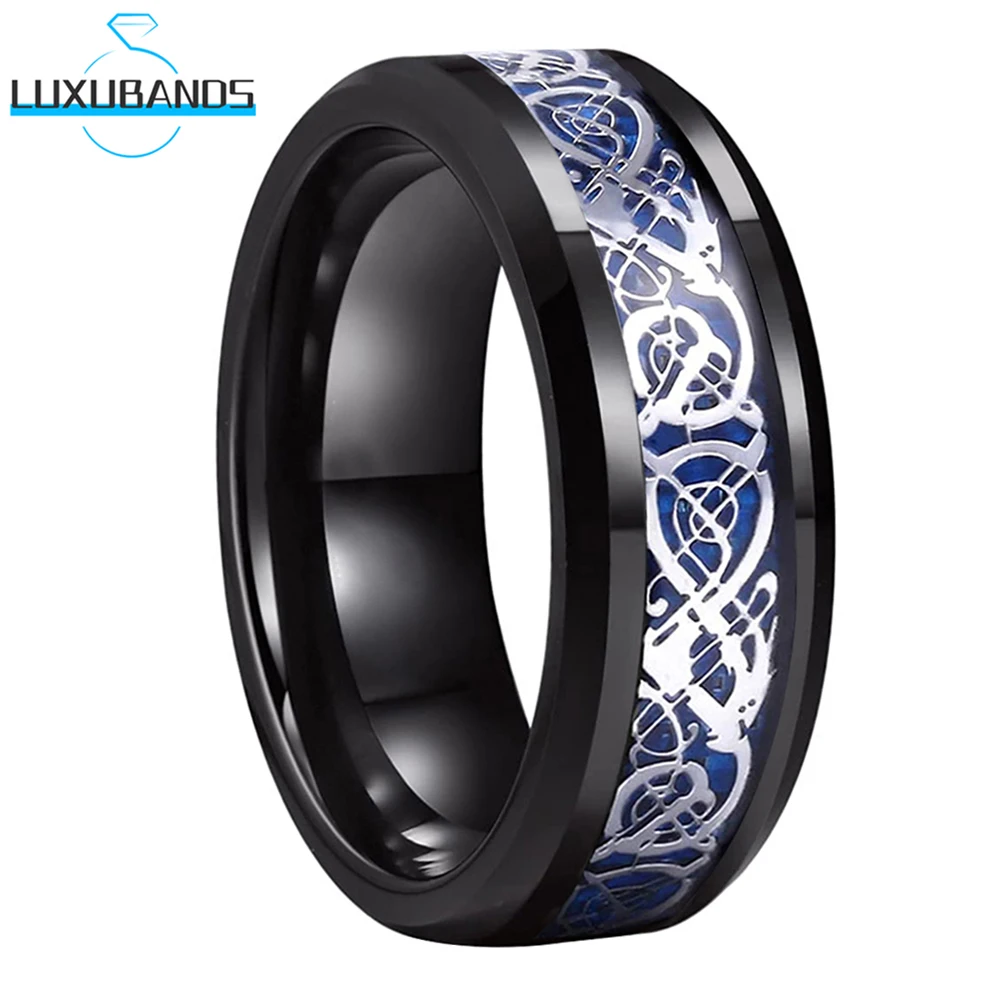 

Tungsten Carbide Ring For Wemen Men 8mm 6mm Black Beveled Edge Dragon Blue Carbon-Fiber Inlay High Quality Comfort Fit