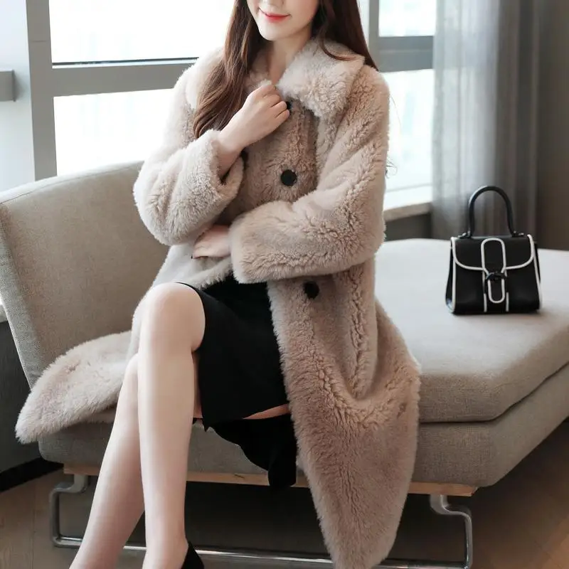Woman Natural Wool Fur Coat Female Winter Jackets Turn-down Collar Fashion Real Fur Coat Ladies Loose Long Fur Coat Jacket G16