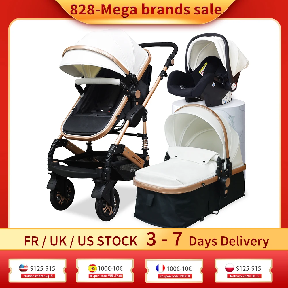 UK/ CZ Ready Stock Babyfond High Landscape Baby Stroller 3 in 1 Newborn Pram PU Leather Carriage Aluminum Alloy Frame Pushchair