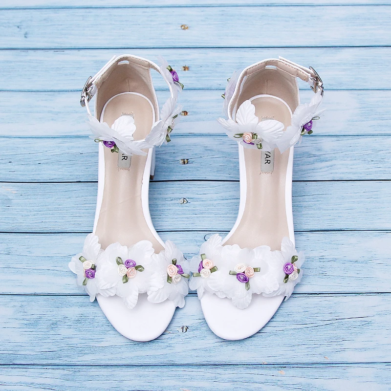 

Sweet Open Toe Women's Sandals with One Line Buckle Hollow White Chiffon Flowers Adult Gift Fairy Women's Shoes Bridesmaid Shoes