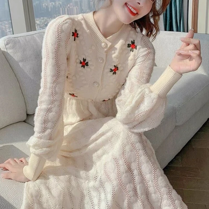 

Winter Slim Floral Embroidery Long Sleeve Party Dress Woman Autumn Knitted Maxi Dresses for Women Korea Style Clothes Robe 24612
