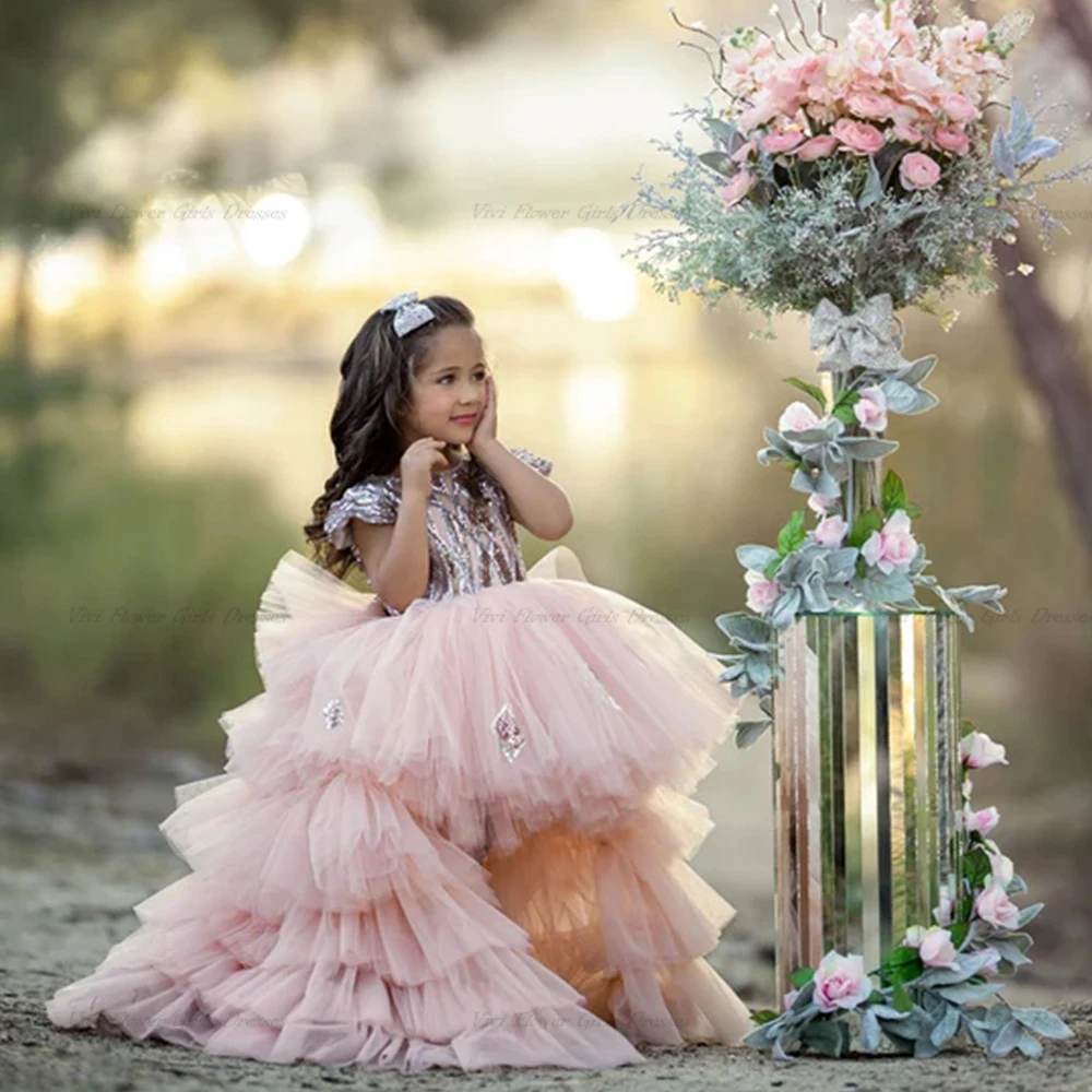 

Glitter Princess Blush Pink Flower Girl Dress Fluffy Tiered Big Bow Girl Birthday Party Gown Dress With Feather For Christmas