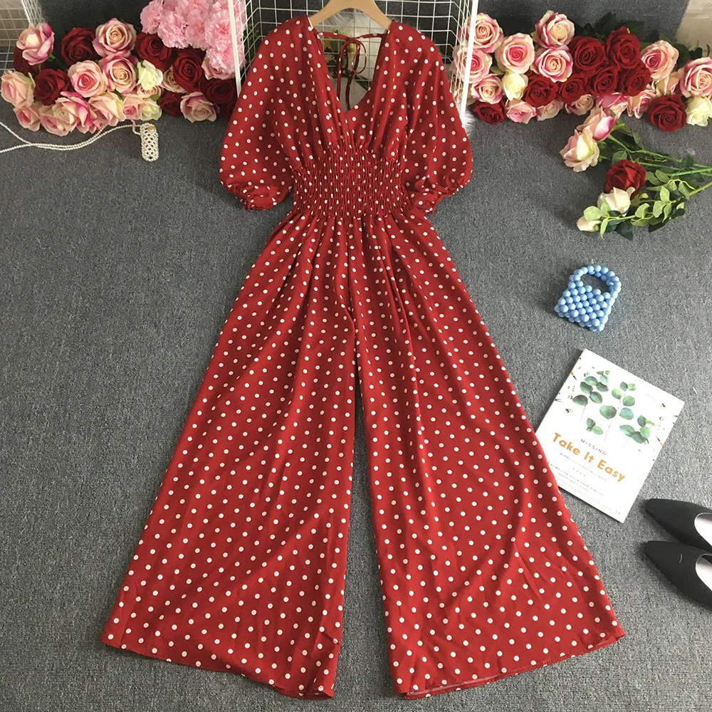 Spring Sexy V-neck Polka Dots Jumpsuits Women High Waist Bubble Short Sleeve Wide Leg Trousers Loose Korean Fashion New