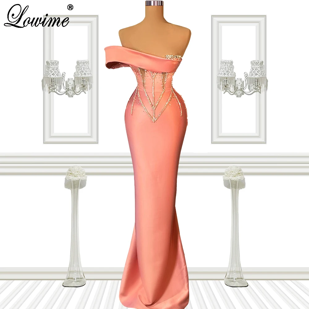 

Женское коктейльное платье-русалка, розовое платье с открытыми плечами и бусинами, для выпускного вечера